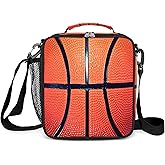Insulated Lunch Box for Boys Girls, Reusable Lunch Bags with Adjustable Shoulder Strap and Water Bottle Holder for Kids Adult, Basketball Lunch Tote Bag for Office Work School