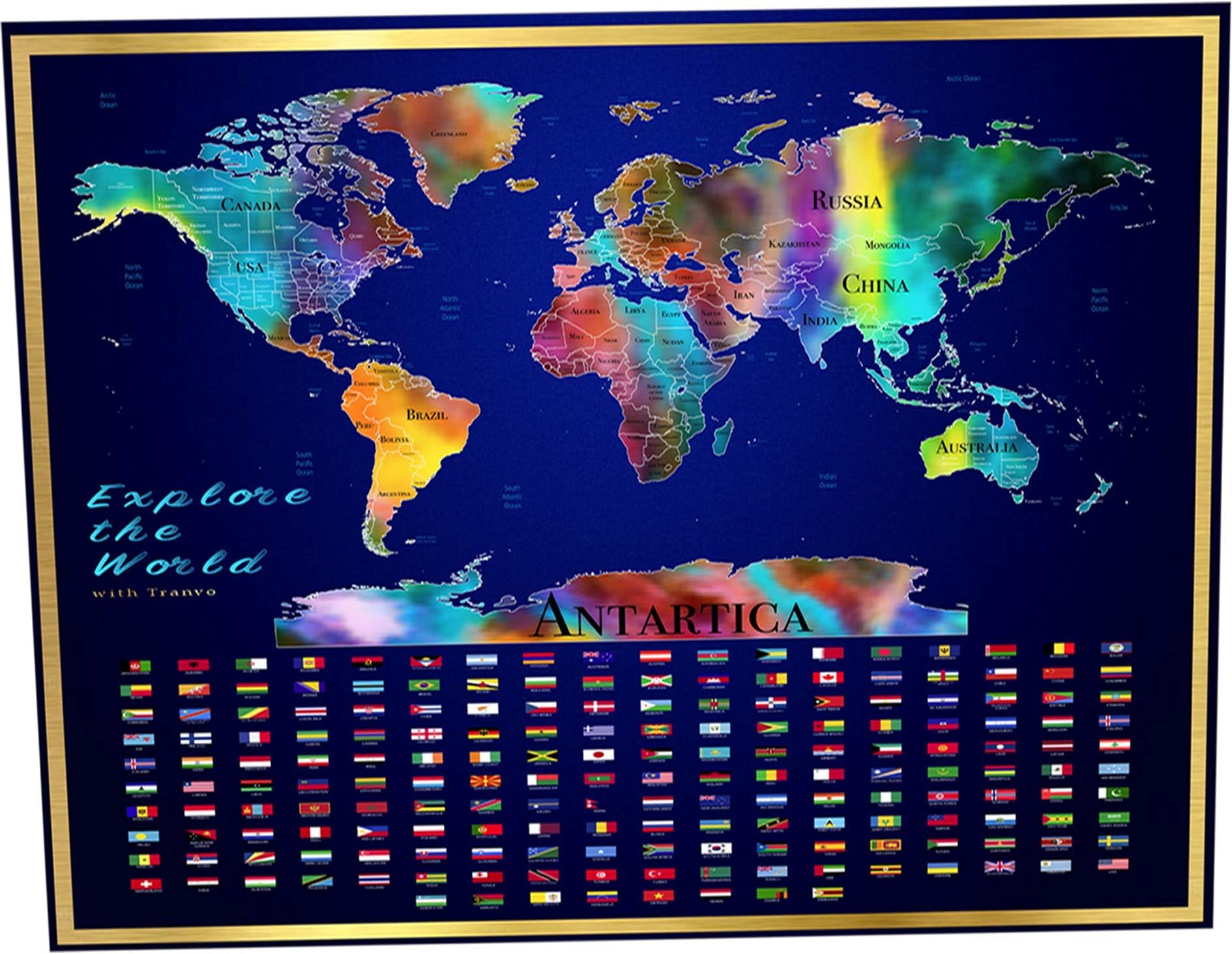 Watercolor Scratch Off Map of The World - Large Deluxe Map 23.4 x 33 with Us, Can Uk and Aus States/Regions Outlined, Over 180 Flags.Perfect Gift For travellers and Children