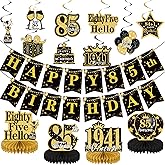 Yoyuspy 85th Birthday Decorations for Men, Cheers to 85 Years Banners Hanging Swirls and Honeycomb Centerpieces, Black and Gold Birthday Party Decor Women