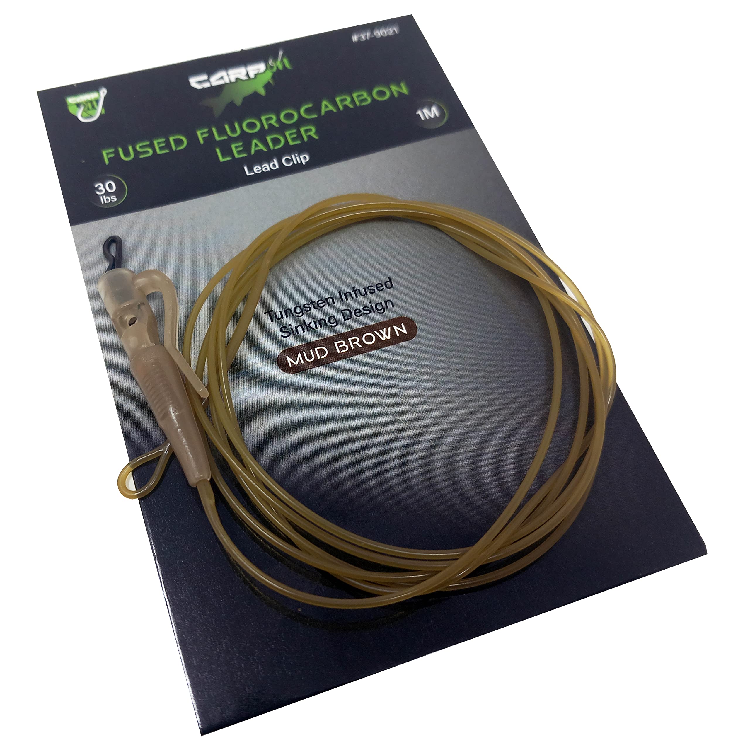 CARP ON - 1m/100cm 30lb CARP LEADER Line - Tungsten Infused Fluorocarbon Quick Link Swivel - Sinking Design - (Basic + Tail Rubber & lead Clip, Camo Brown) [37-9021]