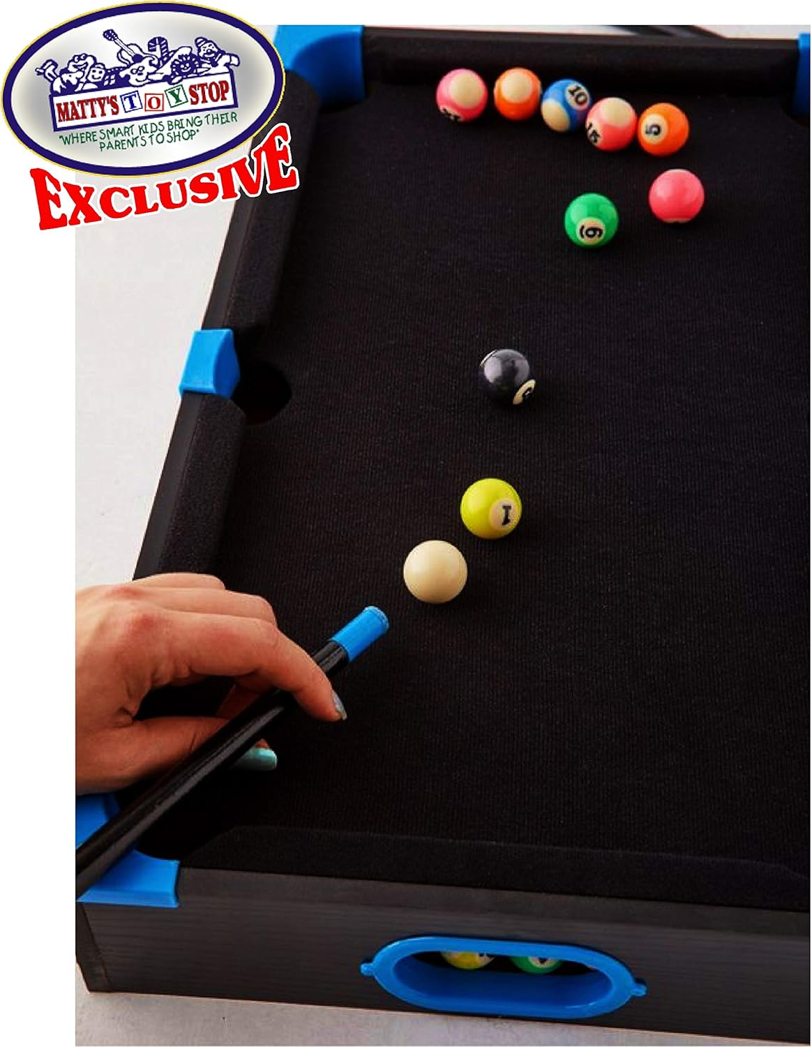 Matty's Toy Stop Deluxe Wooden 20" Mini Table Top NEON Pool (Billiards) Table with 15 Colored Balls, 1 Cue Ball, 1 Brush, 2 Pool Sticks, 2 Cubes of Chalk & Racking Triangle : Sports & Outdoors