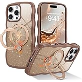 QuantumKoo for iPhone 16 Pro Case with 360° Magnetic Stand, Clear Glitter Cute Curly Wave iPhone 16 Pro Phone Case Compatible with MagSafe, Ring Kickstand Shockproof Cover for Women Men, Desert Brown