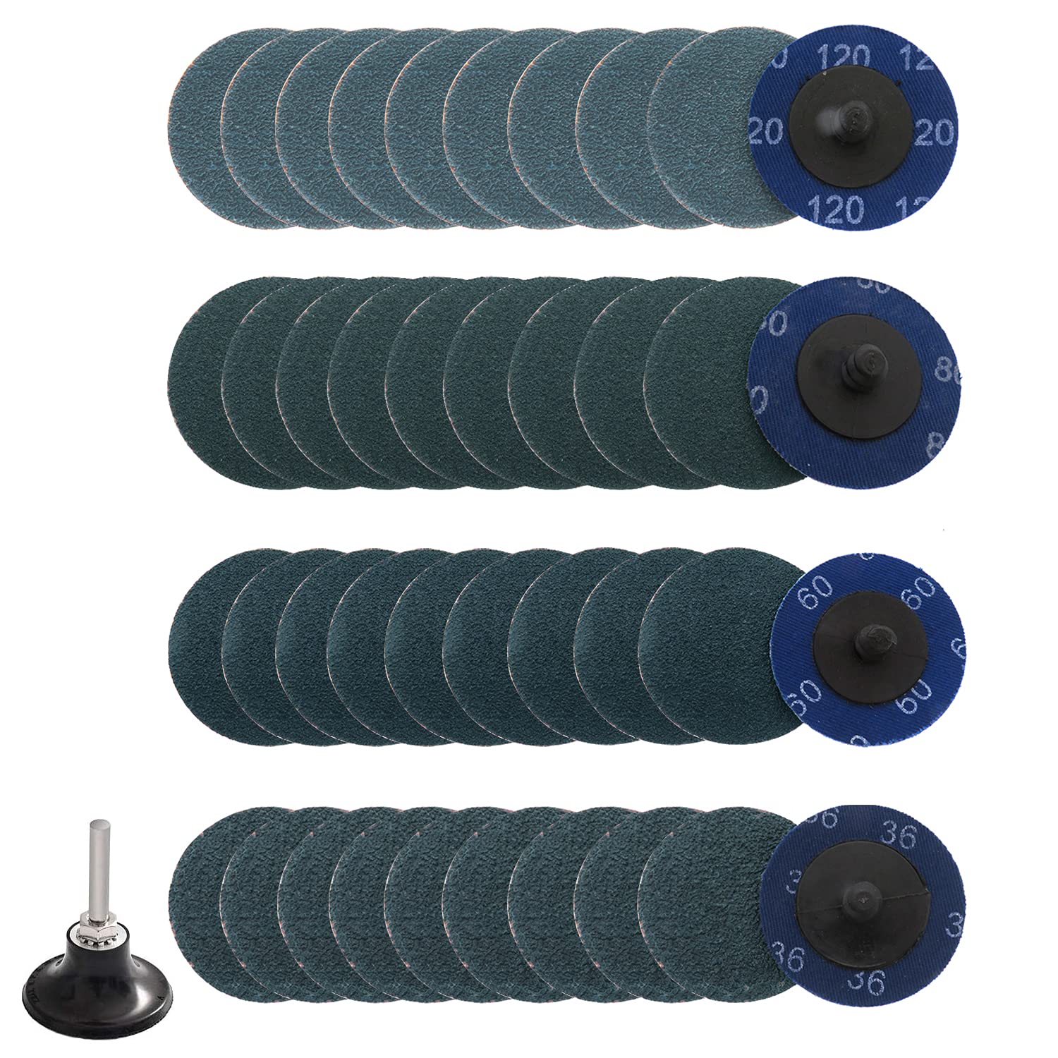 Hossom 40 Piece 50mm Roll Lock Quick Change Sanding Discs Kits, Quick Change Discs Set with 1/4" Holder, (10pcs Each Grit - 36/60/80/120), for Die Grinder Surface Rust Paint Removal