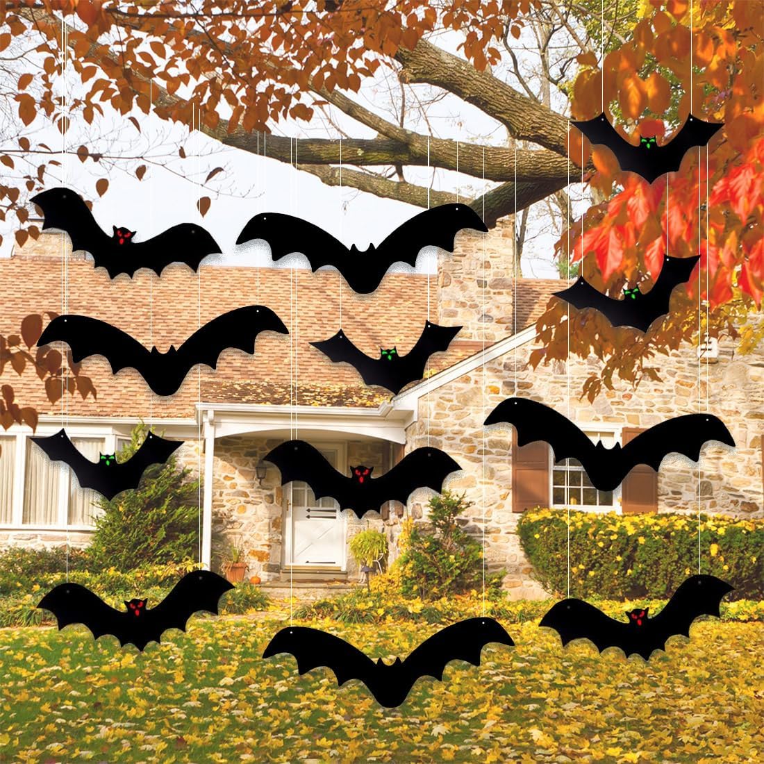 Yard Signs - 12Pcs Halloween Decorations Hanging Black Bats 3D Realistic Scary Large Fake Flying Bat Spooky for Halloween Yard Sign Outdoor Indoor Lawn Decor
