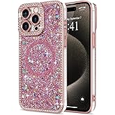 Lafunda for iPhone 15 Pro Max Case Glitter, Luxury Bling Sparkly Rhinestone Diamonds Cover Compatible with MagSafe for Women Girls Shockproof Protective Phone Case for iPhone 15 Pro Max 6.7", Pink