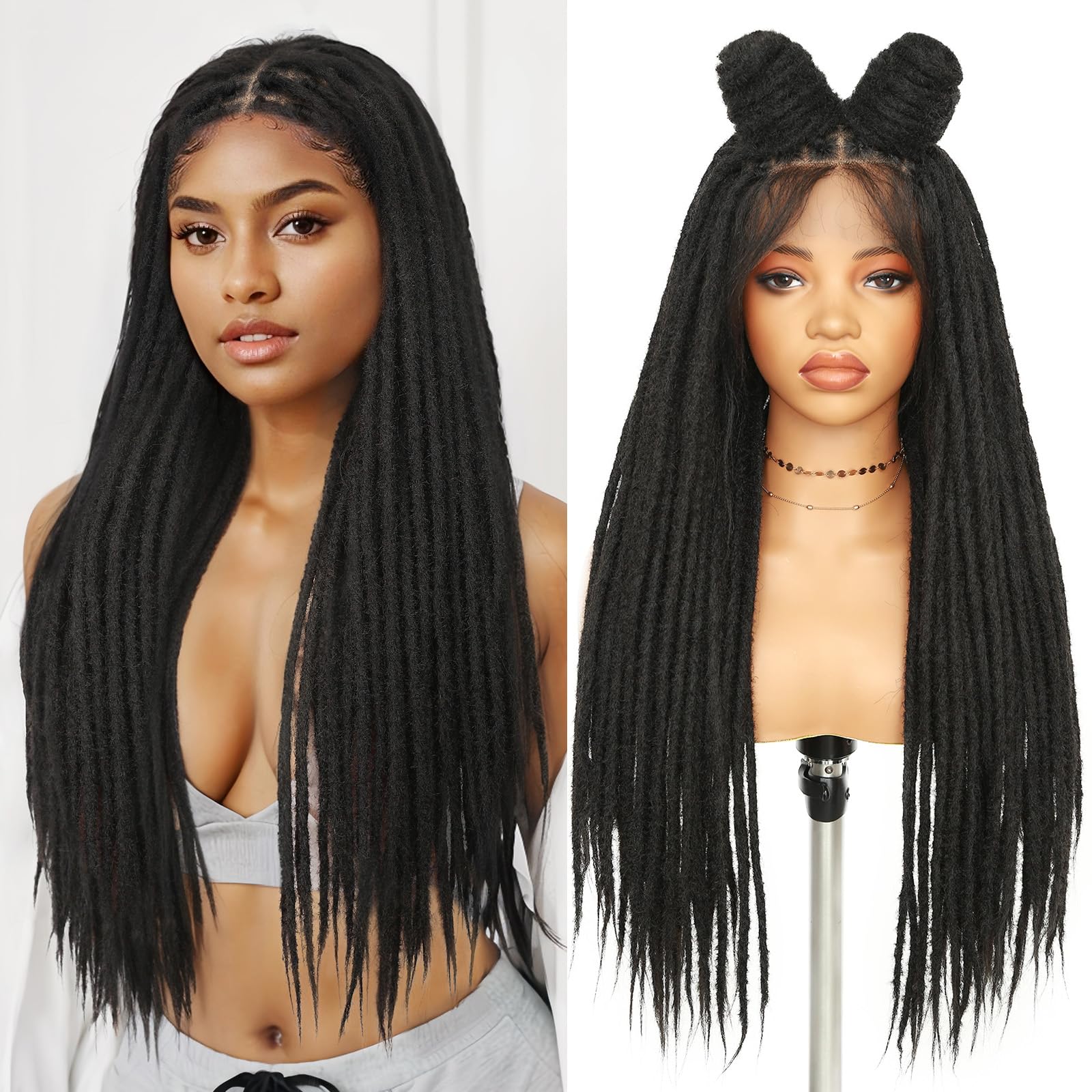 Photo 1 of HANNE Full Lace Dreadlock Wig with Baby Hair 30 Inch Faux Locs Wigs Hand Made Afro Dreads Wig Knotless Square Part Soft Braided Locs Wigs for Black Women(Natural Black)