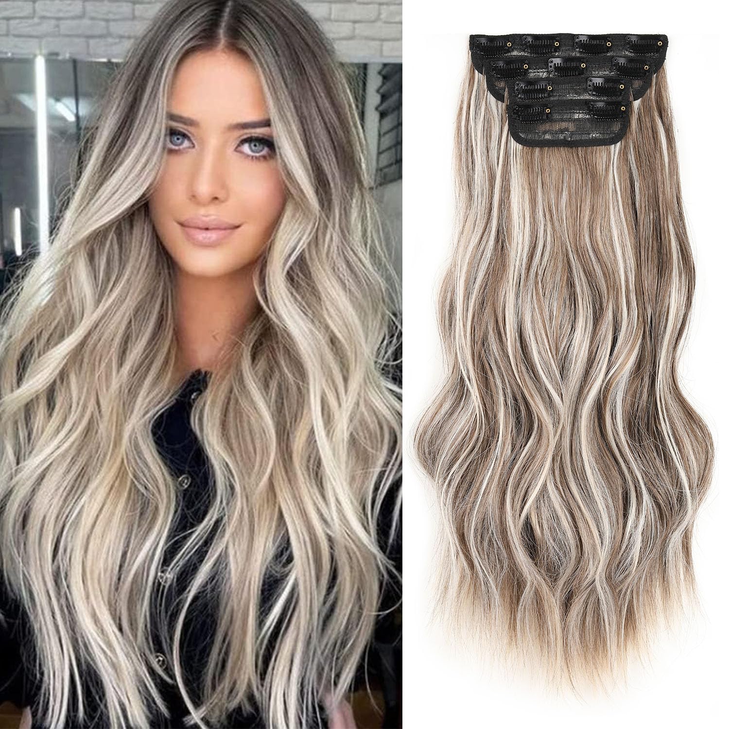 Mscat 16 Inch Curly Hair Extensions Clip in Hair Extensions Synthetic Thick Hair pieces for Women 4PCS Full Head Set Thick Curly Wavy Synthetic Hair Extensions(Brown and Blonde) — image 1