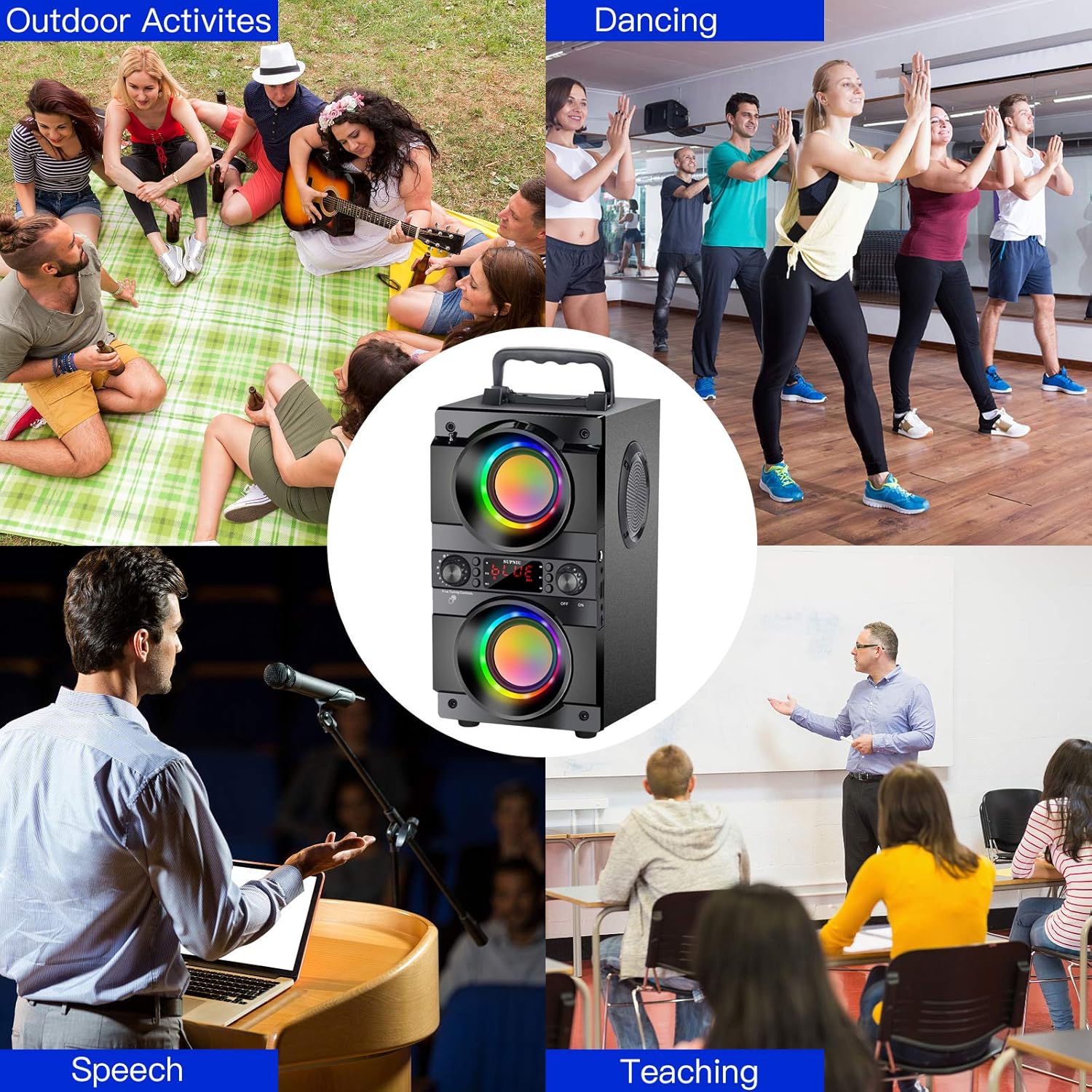 60W (80W Peak) Portable Bluetooth Speaker with Double Subwoofer Heavy Bass, Bluetooth 5.0 Wireless 100ft Outdoor Speaker, Support FM Radio, LED Colorful Lights, Stereo Sound, for Home, Party, Travel: Home Audio & Theater