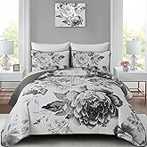 WONGS BEDDING Grey Boho Floral Quilt Set Queen, Elegant Gray Flower Bedspread Coverlet Set for All Season, 3 Pieces Farmhouse Lightweight Reversible Bedding Set with 2 Pillow Shams 96"X90"