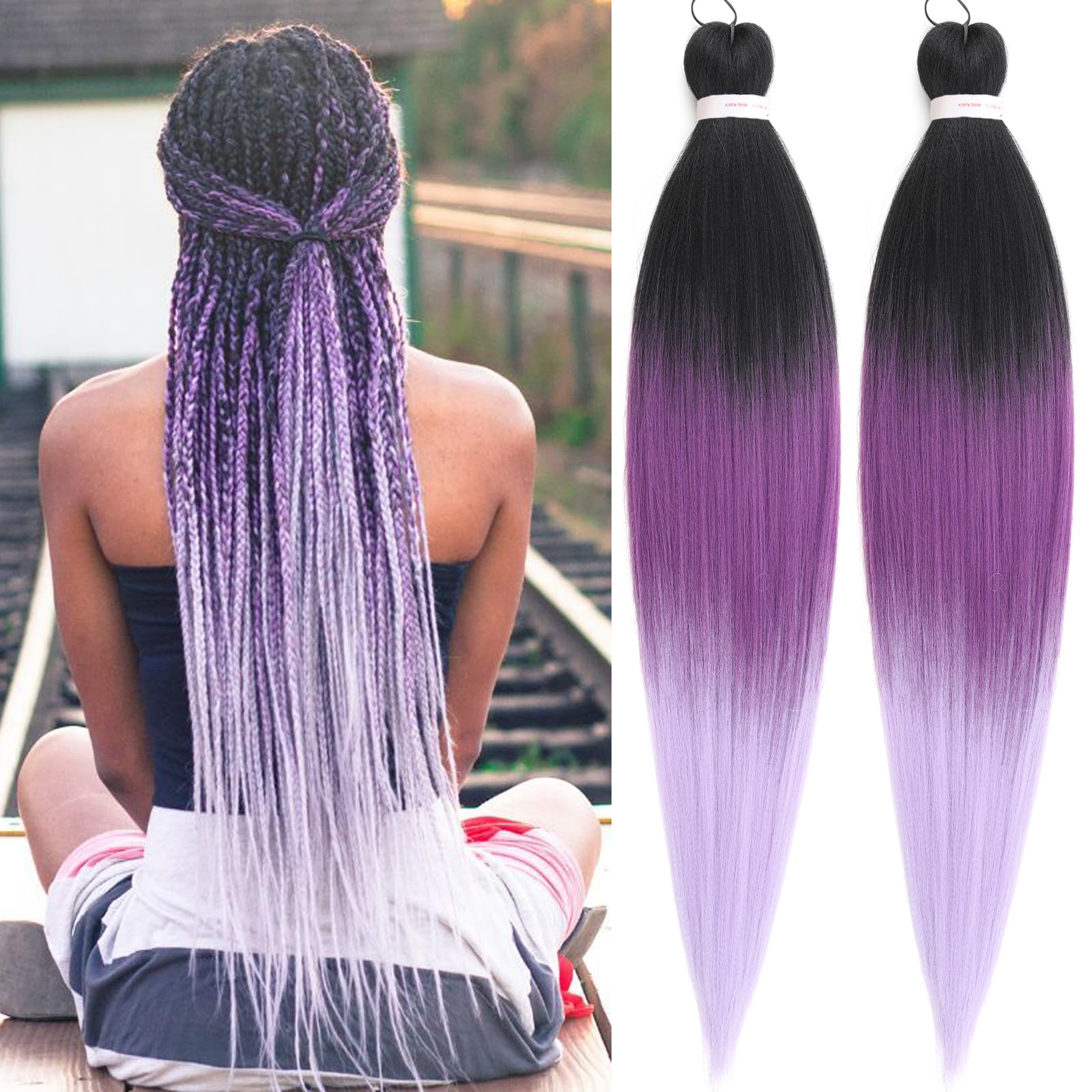 Photo 1 of Unionbeauty 26 Inch Black to Purple Ombre Braiding 2Packs Pre Stretched Crochet Braid Easy Braid Hair Extensions Synthetic Braiding Hair for Box Goddess Braids Yaki Texture Hot Water Setting