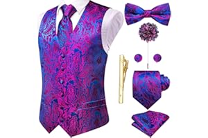 Hi-Tie Silk Mens Suit Vest Tie and Bowtie Lapel Pin Gold Tie Clip Paisley Floral Waistcoat 8PCS Set Tuxedo Wedding Party