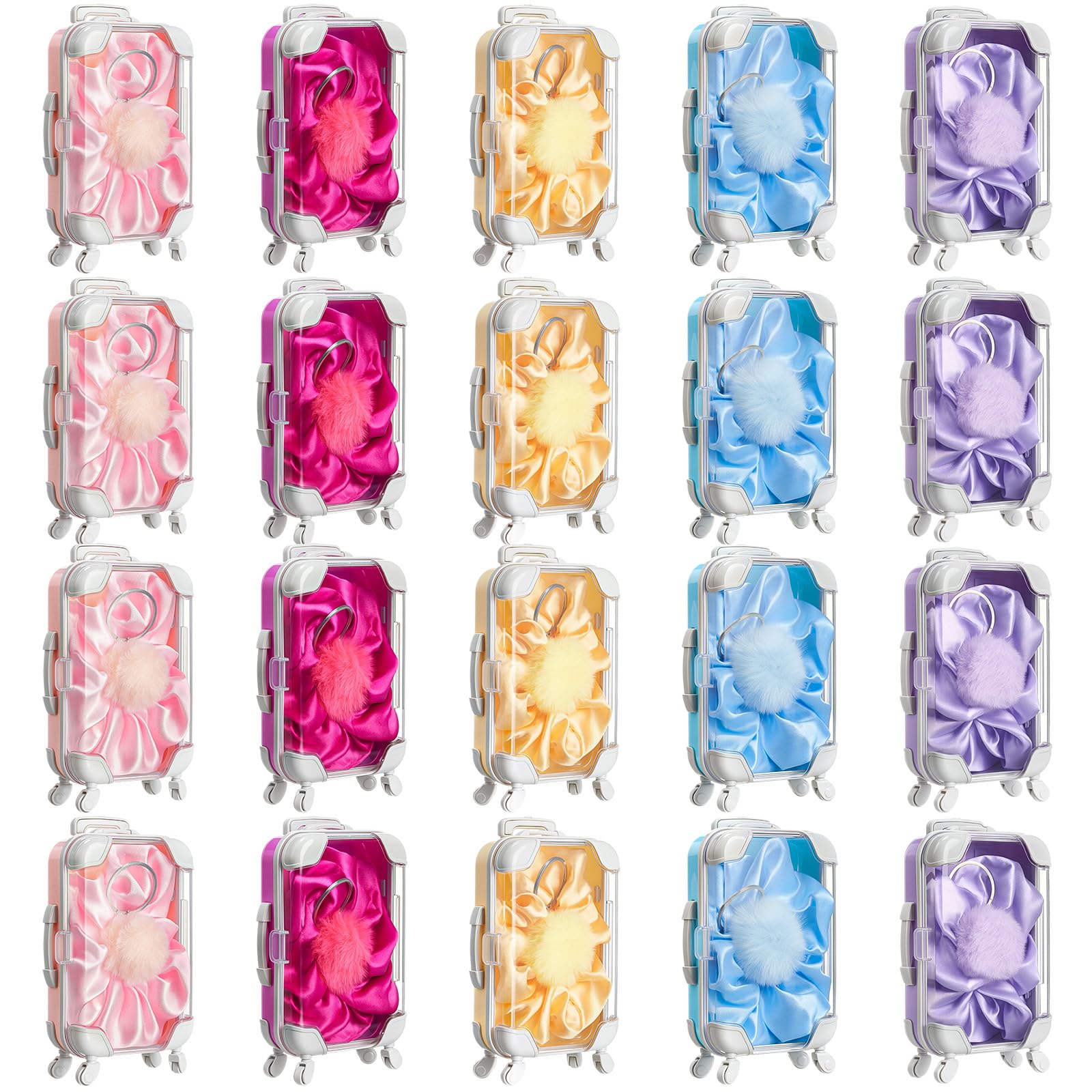 Photo 1 of LemonRoad 60 Pcs Mini Empty Suitcase Storage Box with Plush Ball Keychain and Scrunchies for Baby Shower Bride Shower Clear Candy Luggage Containers Packaging Case(Multicolor)