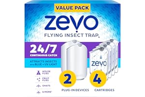 Zevo 2 Flying Insect Traps & 4 Refill Cartridges - Plug in Fly Trap & Indoor Bug Catcher for Gnats, House & Fruit Flies - Blue & UV Light Technology, Mess-Free Alternative to Bug Zapper