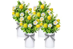 AWEYKA 4 Pack Lemon Mason Jar Table Centerpiece, Artificial Lemon Home Centerpieces Fake Lemon Daisy Plants with Faux Leaves for Summer Wedding Farmhouse Office Kitchen Bathroom Dining Table Centerpiece