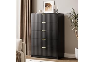 MAISONARIA 5 Drawer Dresser for Bedroom, Tall Dresser Chest of Drawers with Gold Handles, 32 Inch Wide Nightstand with for Bedroom, Living Rooms, Offices, and Entryways, Black