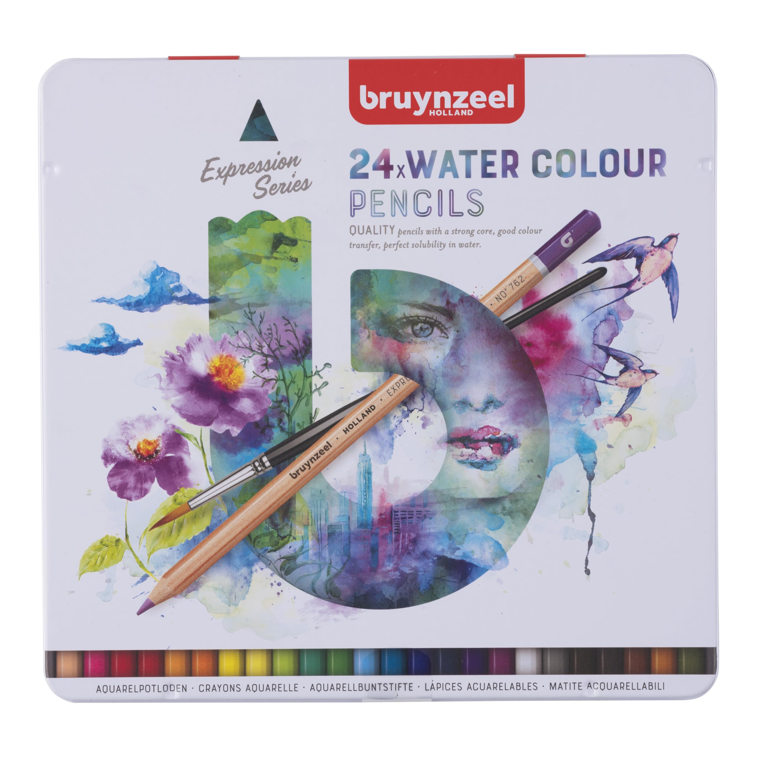 Bruynzeel Expression Watercolor Pencils Set of 24 + Brush in Tin | Water-Soluble Pencils | Coloring for Adults, Bullet Journaling