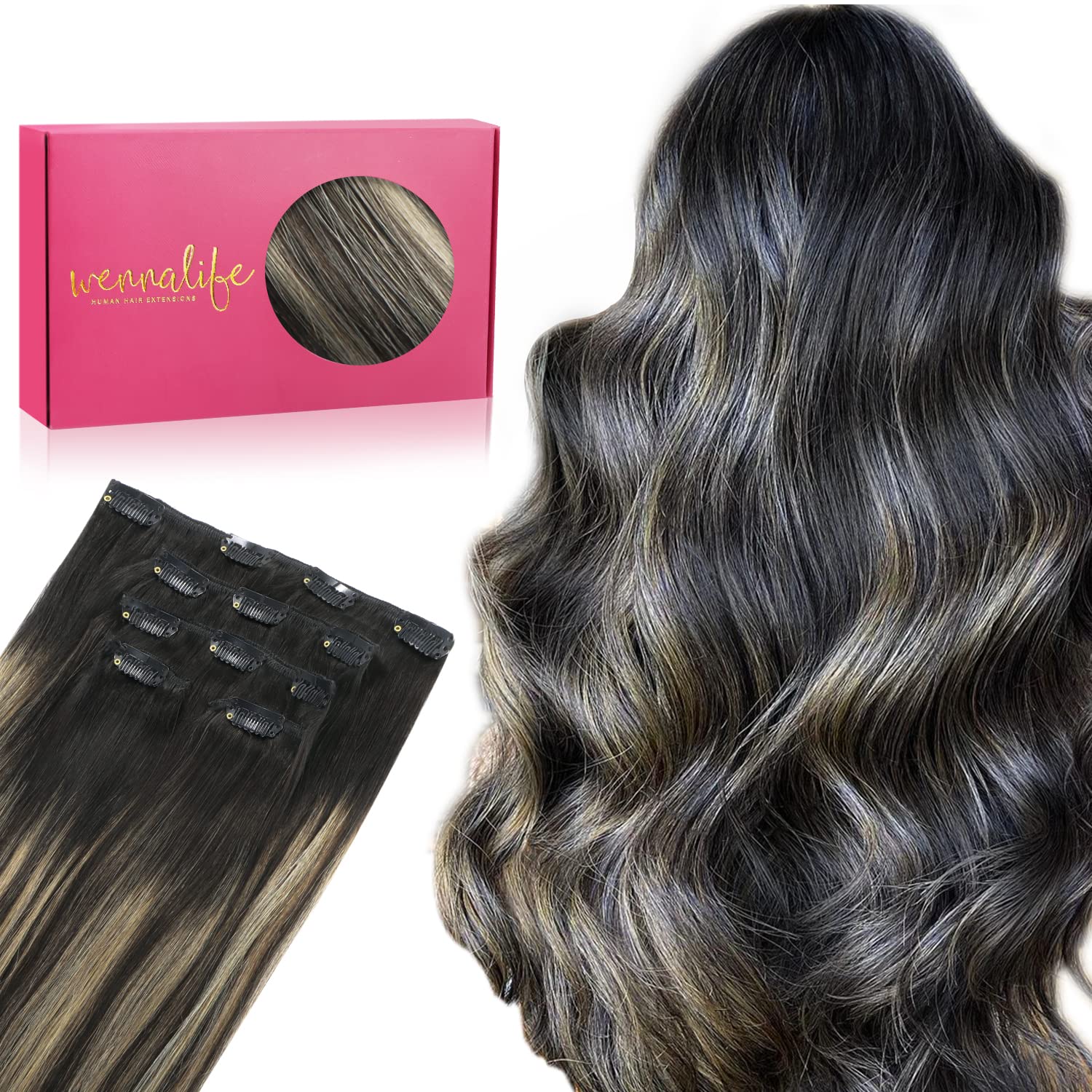 Wennalife Clip In Hair Extensions, 16 Inch 75g 5pcs Balayage Natural Black to Light Blonde Hair Extensions Clip In Real Hair Remy Human Hair Extensions Natural Silky Clip In Human Hair Extensions — image 1