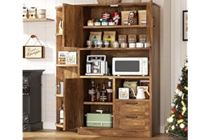 SUNLEI 60.4" Tall Kitchen Pantry Storage Cabinet with Microwave Shelf, Freestanding Farmhouse Kitchen Pantry, Wooden Pantry Cupboard Storage with Drawers and Open Shelves for Dining Room, Brown