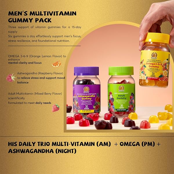 SUNGIVEN MEN’S MULTIVITAMIN GUMMY PACK, 3 SUPPORT FOR HEART BRAIN SLEEP DAILY HEALTH, VITAMINS A, D, C, E, B12, OMEGA-3, ASHWAGANDHA, ADULT CHEWABLE VITAMIN, BERRY FLAVOR, 15 DAY SUPPLY – 90 COUNT
