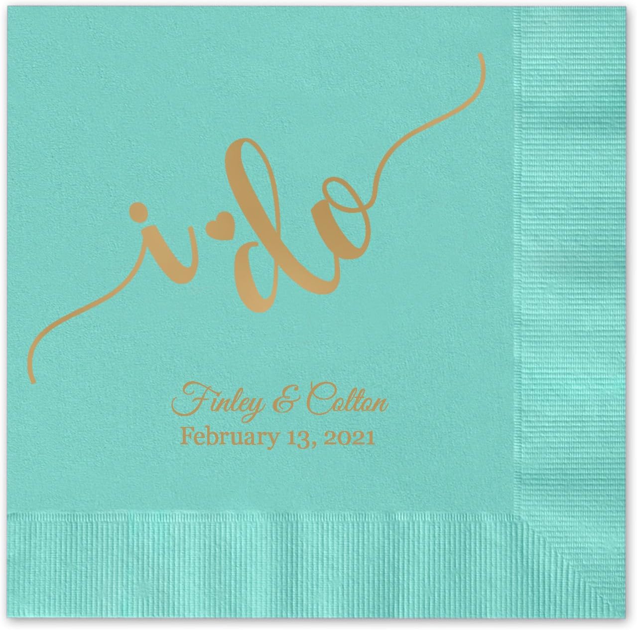 I do Calligraphy Personalized Beverage Cocktail Napkins - 100 Custom Printed Aqua Paper Napkins with choice of foil