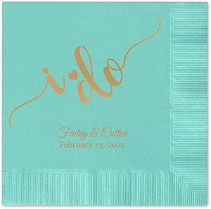 I do Calligraphy Personalized Beverage Cocktail Napkins - 100 Custom Printed Aqua Paper Napkins with choice of foil
