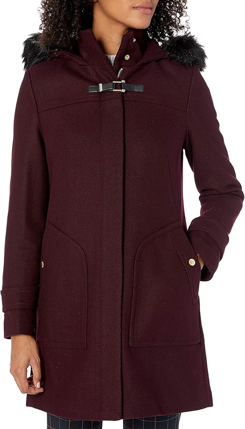 Cole Haan Women's Wool Duffle Coat with Faux Fur Trimmed
