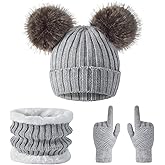 3 Pcs Women Winter Knit Beanie Hat Scarf Touchscreen Gloves Set Warm Soft Thick Fleece Lined Skull Cap with Double Pom Pom