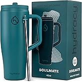 Hydracy Soulmate Insulated Tumblers with Handle and Stainless Steel Straw - 100% Leakproof Reusable Insulated Cup - Cupholder Friendly Rubber Base Travel Mug - Twilight Teal