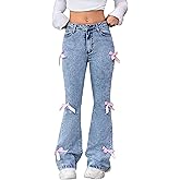 Bow Jeans for Girls Wide Leg Baggy Denim Pants Cute High Waisted Trousers Kids Casual Y2k Streetwear with Pockets 8-16Y