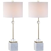 JONATHAN Y 30" White Marble and Brass Gold LED Table Lamp Set of 2, Modern Glam Crystal Pedestal Lamps for Living Room Bedroo