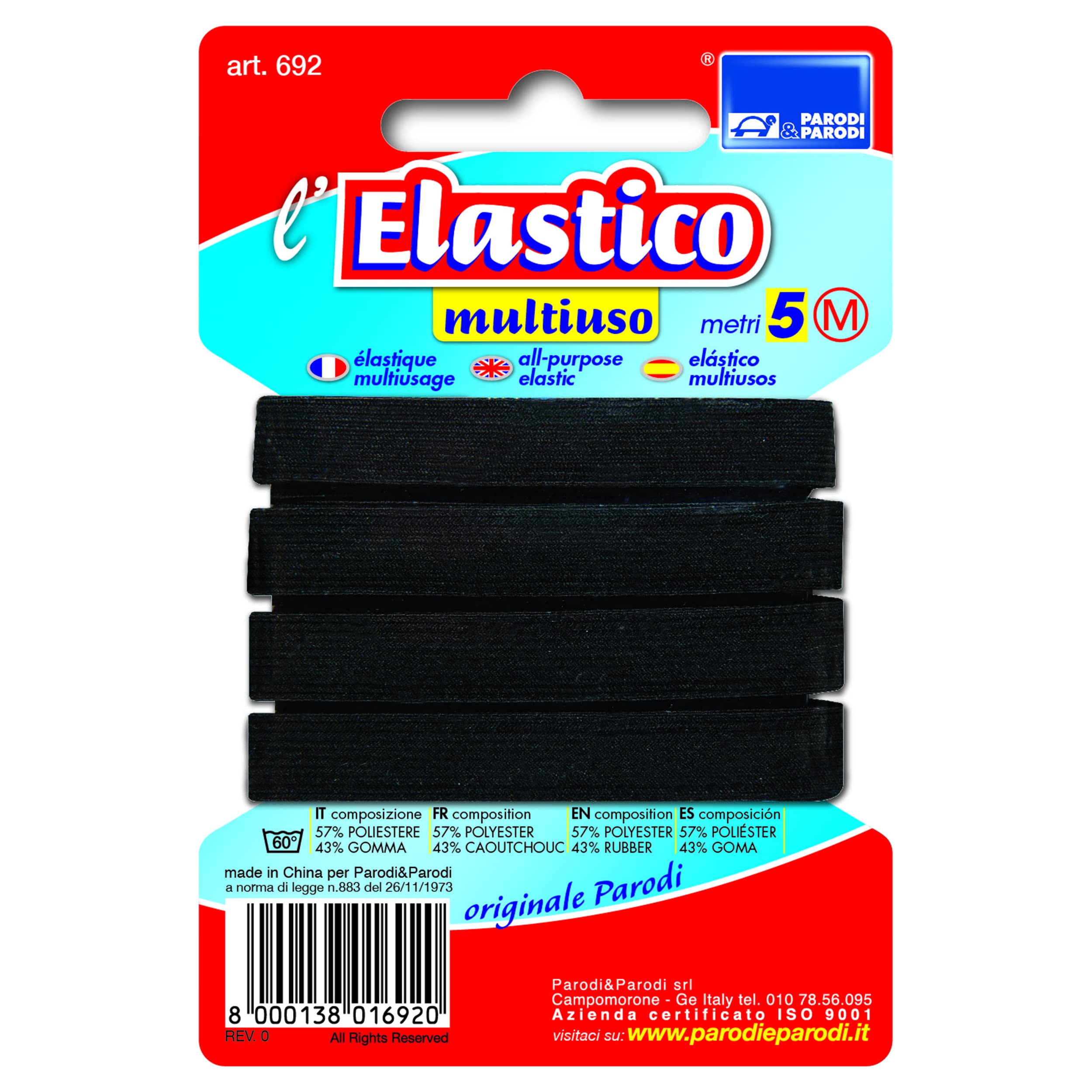 PARODI & PARODI Webbing 5 mt, Polyester and Rubber Band Width 10 mm, Multi-purpose Ribbon, Black Color, Elastic Rope for Clothes Sewing, Standard