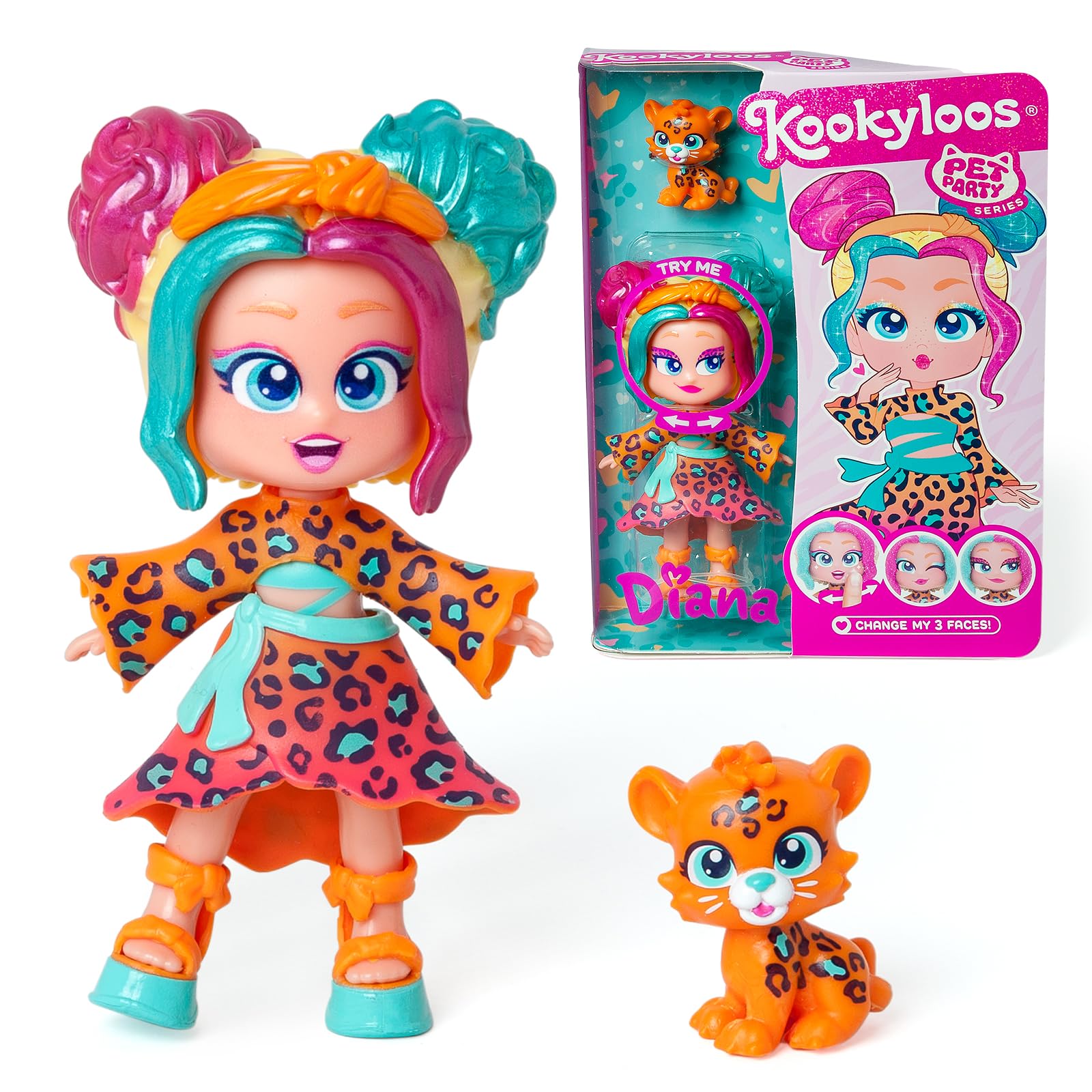 KOOKYLOOS Pet Party DIANA– Diana Doll with Leopard Pet. Includes Doll, Pet, Fashionable Outfit, Shoes and Accessory. 3 Different Faces!