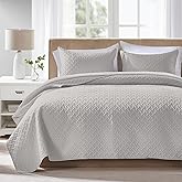 FLYMME Queen Quilt Bedding Set Light Grey Lightweight Bedspreads Full Size,Modern Style Geometric Weave Stripe Pattern,Soft Microfiber Bed Coverlet for All Season (1 Quilt, 2 Shams)