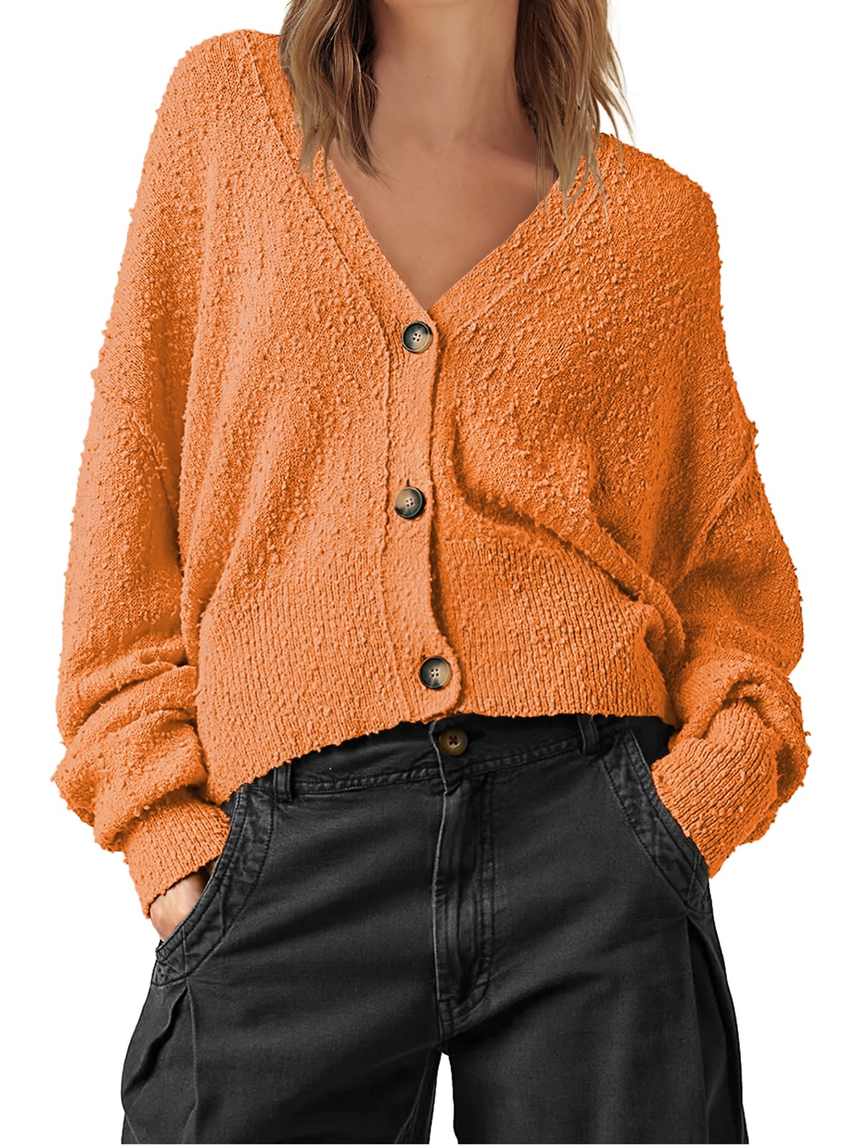 Photo 1 of MEROKEETY Women's Oversized Open Front Cropped Cardigan Sweater Chunky Knit Long Sleeve Button Fall Outwear Orange Medium