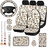 Riakrum 17 Pcs Mushroom Car Seat Covers Car Accessories Full Set for Women Men Automotive Rear Front Seat Protector View Mirror Hanging Ornament Steer Wheel Belt Cover (Retro Mushroom)