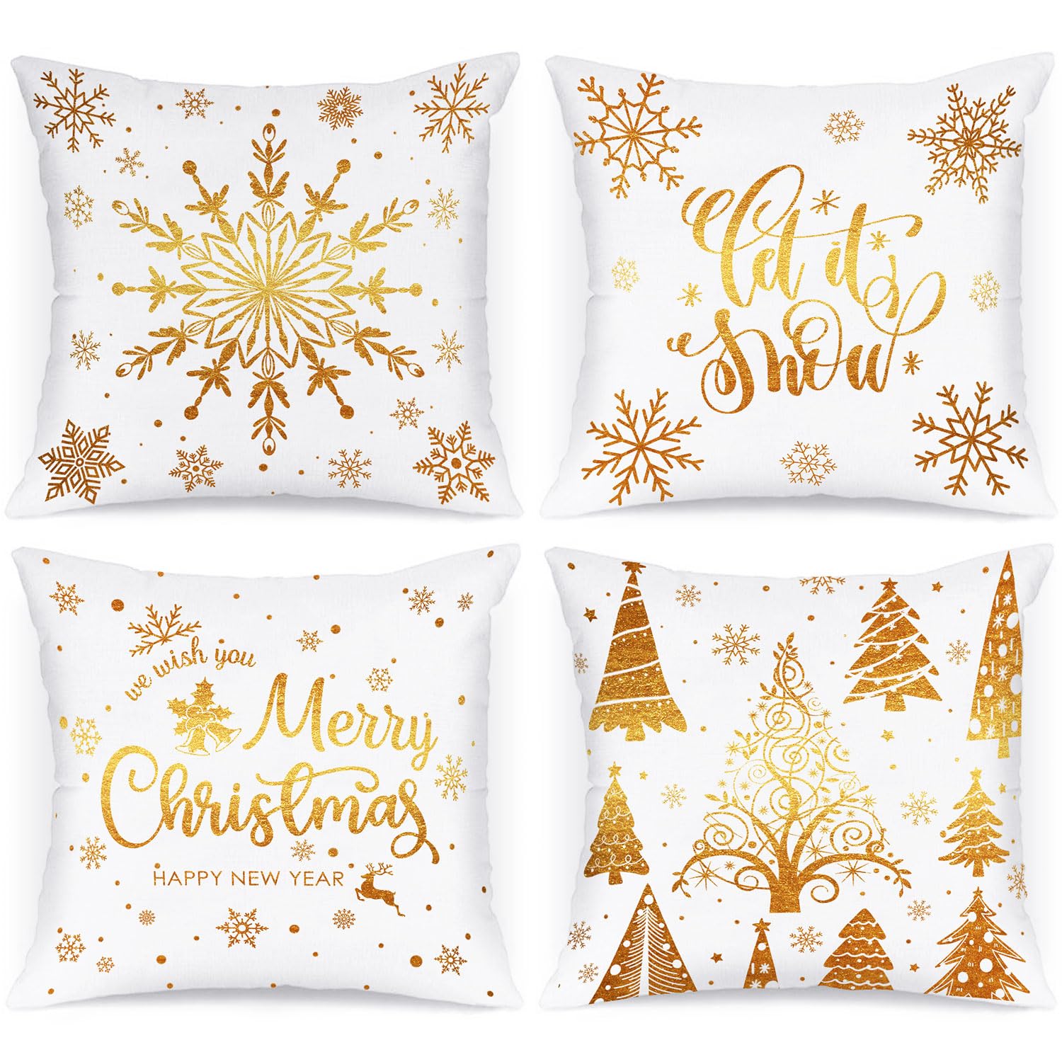 Lanpn White and Gold Christmas Cushion Covers 40x40 Set of 4, Decorative Gray Winter Snowflake Xmas Throw Covers Pillow Cases 16x16 for Home Bedroom Room Holiday Couch Decor Decorations — image 1