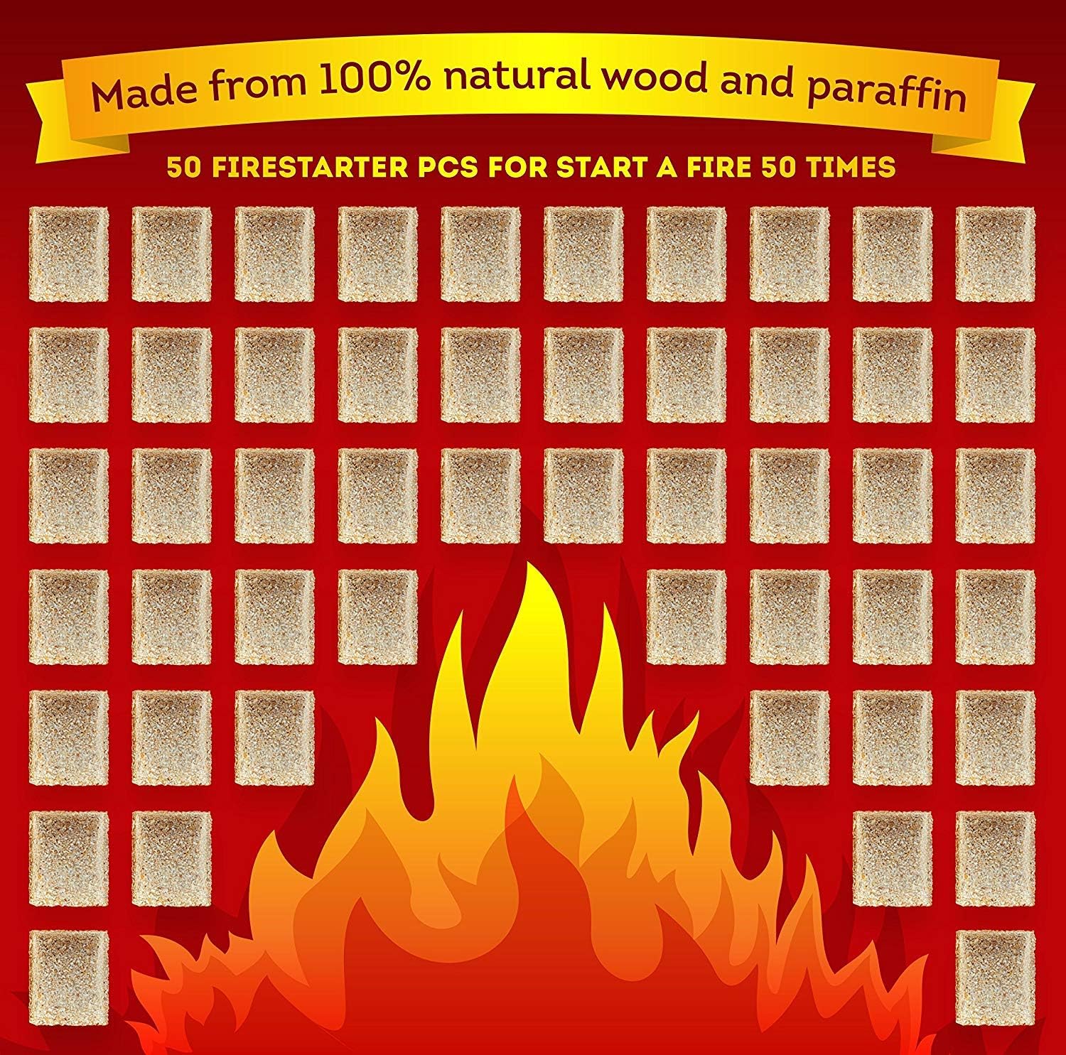 Fireplace Starter Cubes - Fire Starter Squares 50pc - Firestarters for Indoor Fireplace - Natural Wood and Wax fire Starter - BBQ and Grill Charcoal Starters Burns 10-12 min: Sports & Outdoors