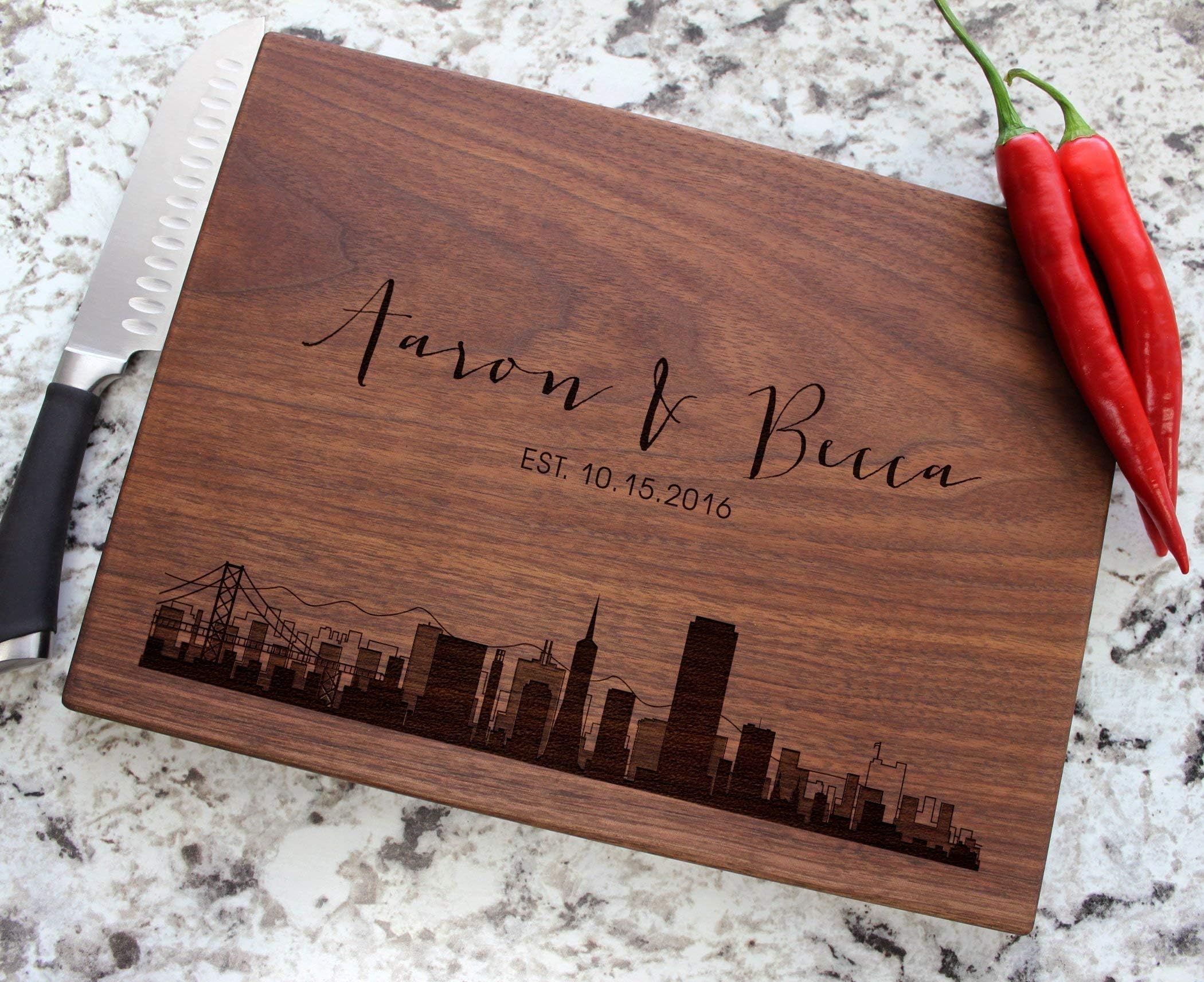 Personalized Cutting Board, Custom Wedding, Anniversary or Housewarming Gift Idea, Wood Engraved Charcuterie, for Kitchen or Chef, Major US City Skyline Design 050