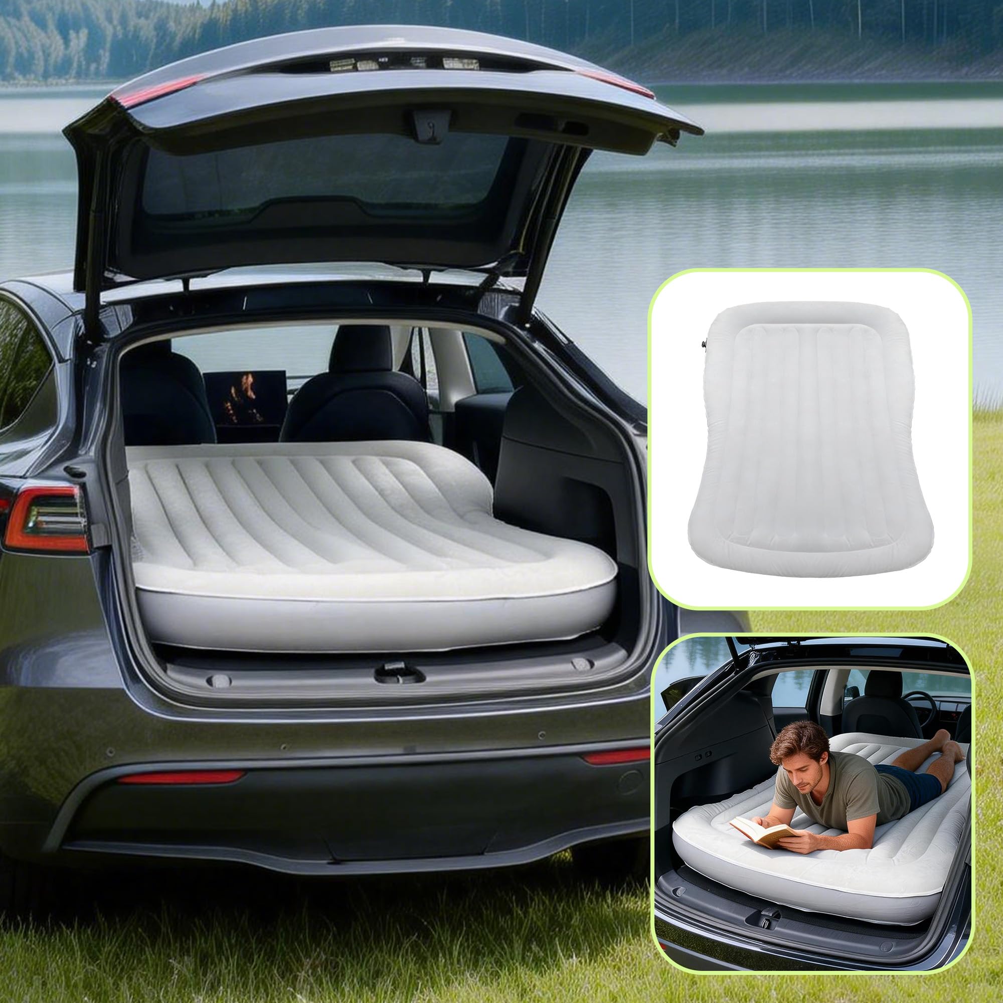 Woowind Inflating Air Mattress Compatible withTesla Model Y Self (2020–2025, Juniper) 2-Person Car Camping Inflatable Bed for Trunk/Back Seat Folded, Built-in 12V Pump with Auto-Stop