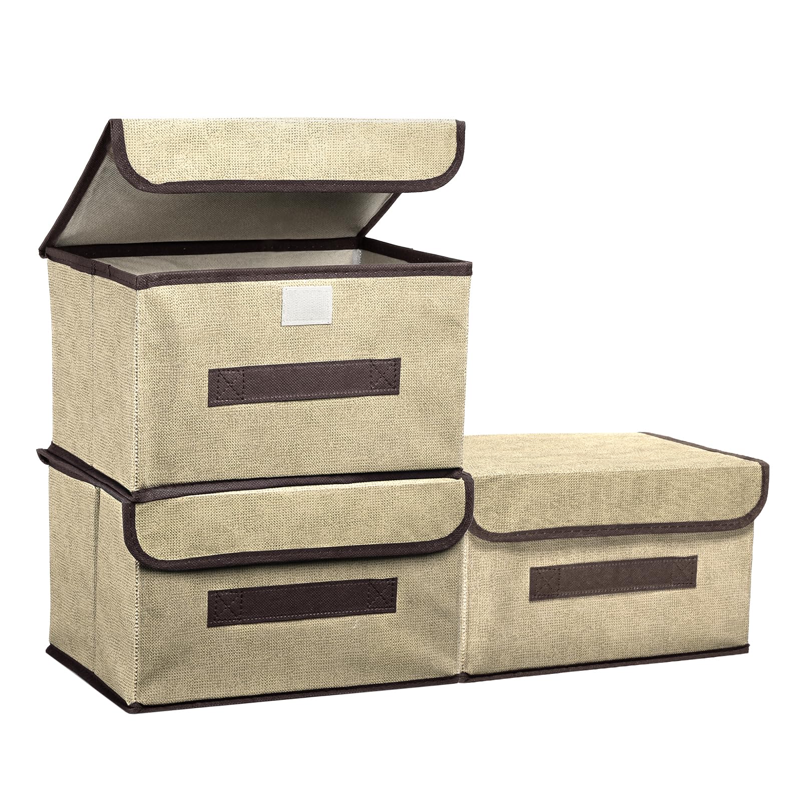 PATIKIL Fabric Collapsible Storage Bin 10.2 x 7.5 x 6.3 Inch, 3 Pcs Foldable Storage Box Cube with Lids and Handle Organizer Container for Home Bedroom Closet Clothes, Beige