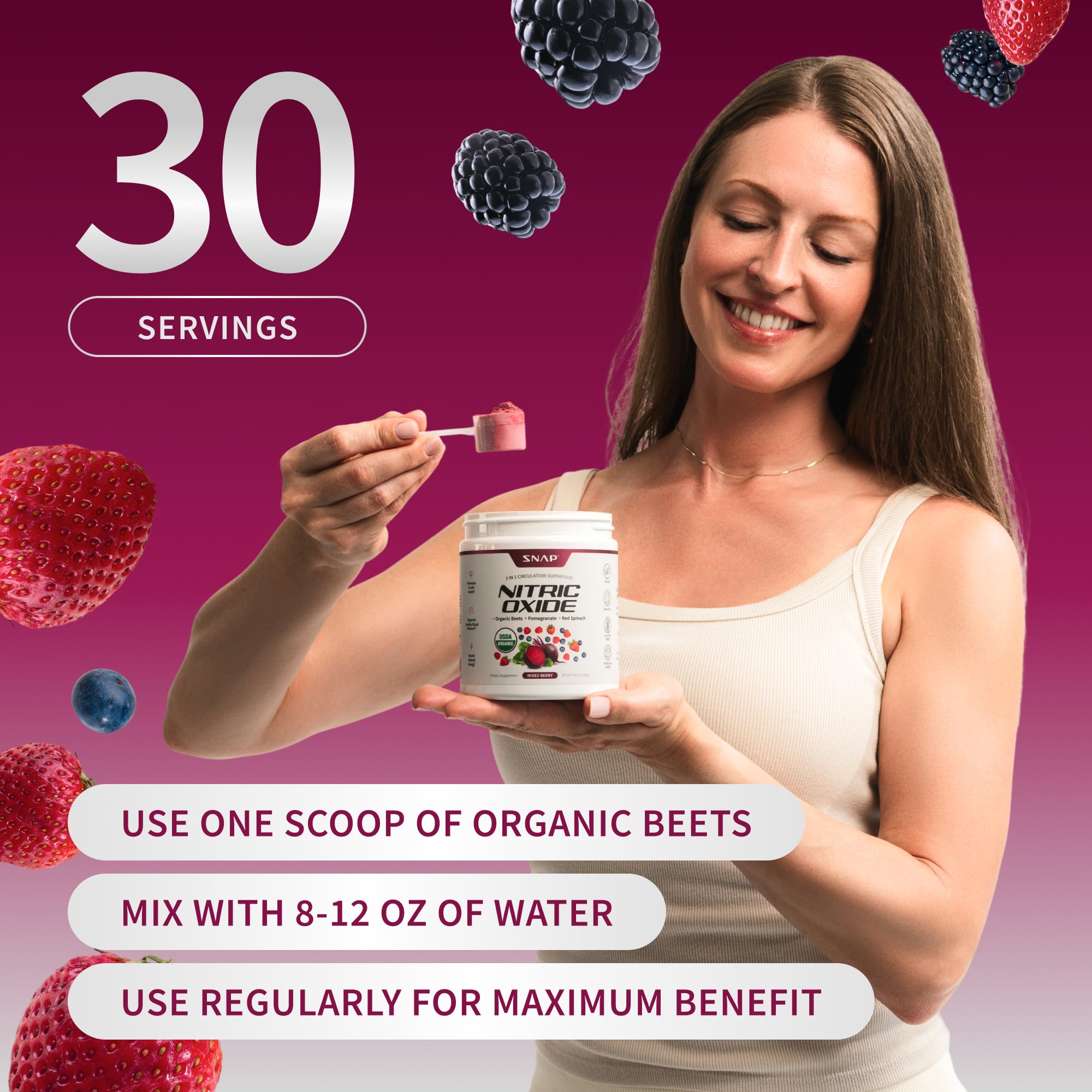 Snap Supplements Organic Beet Root Nitric Oxide Powder - Supports Energy and Healthy Circulation, 8.8 oz (30 Servings, 1 Month Supply), Mixed Berry