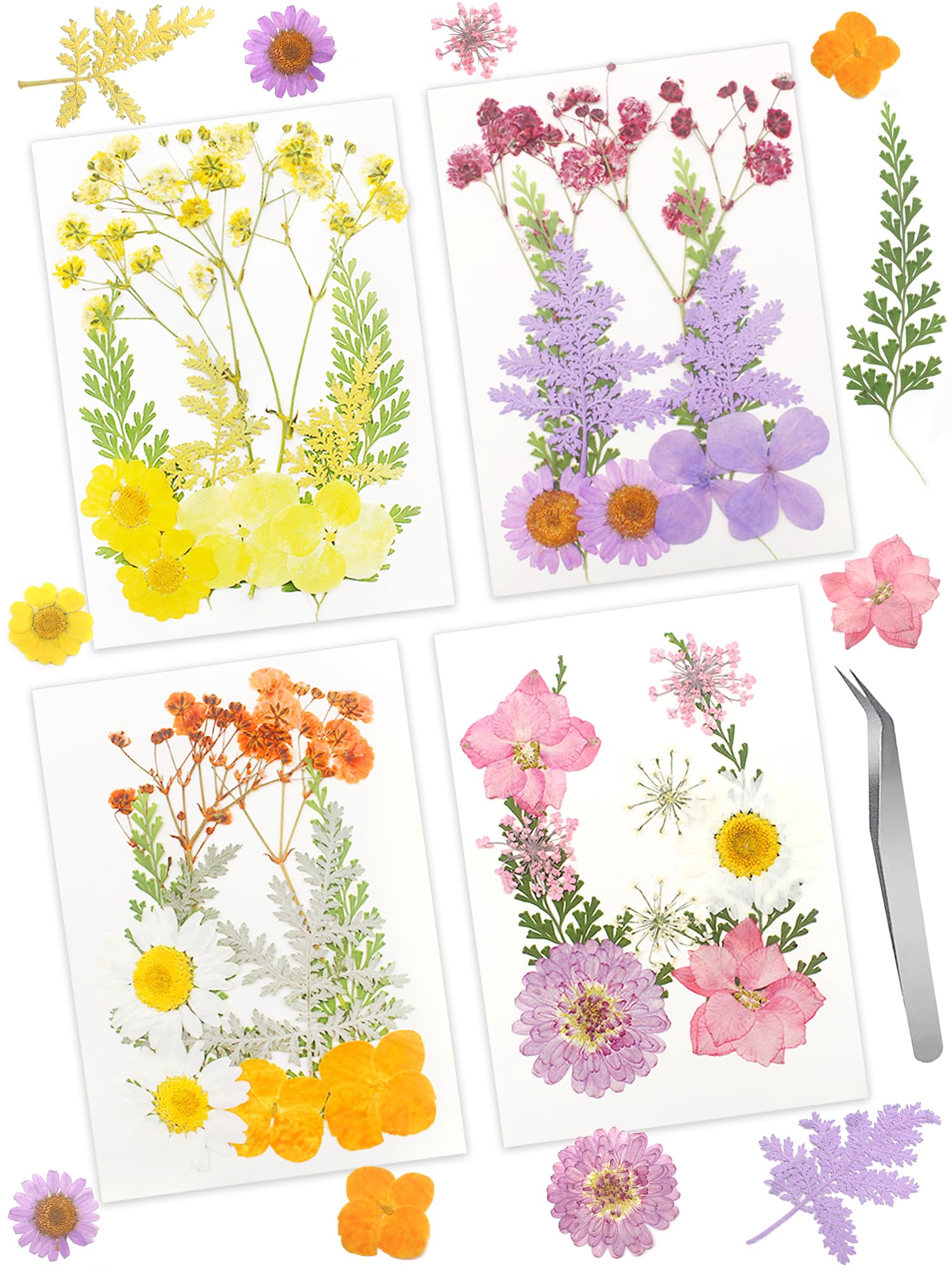 Cinvo 40 Pcs Real Dried Pressed Flowers and Leaves Natural Dried Petals Greenery with Tweezer for Candle Resin Jewelry Soap Nail Pendant Phone Case Crafts Making Floral Decors DIY Embellishments