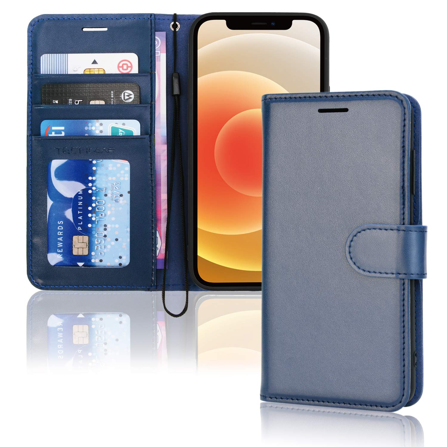 TECHGEAR iPhone 12 / iPhone 12 Pro Leather Wallet Case, Flip Protective Case Cover with Wallet Card Holder, Stand and Wrist Strap - Blue PU Leather with Magnetic Closure for iPhone 12/12 Pro 6.1"