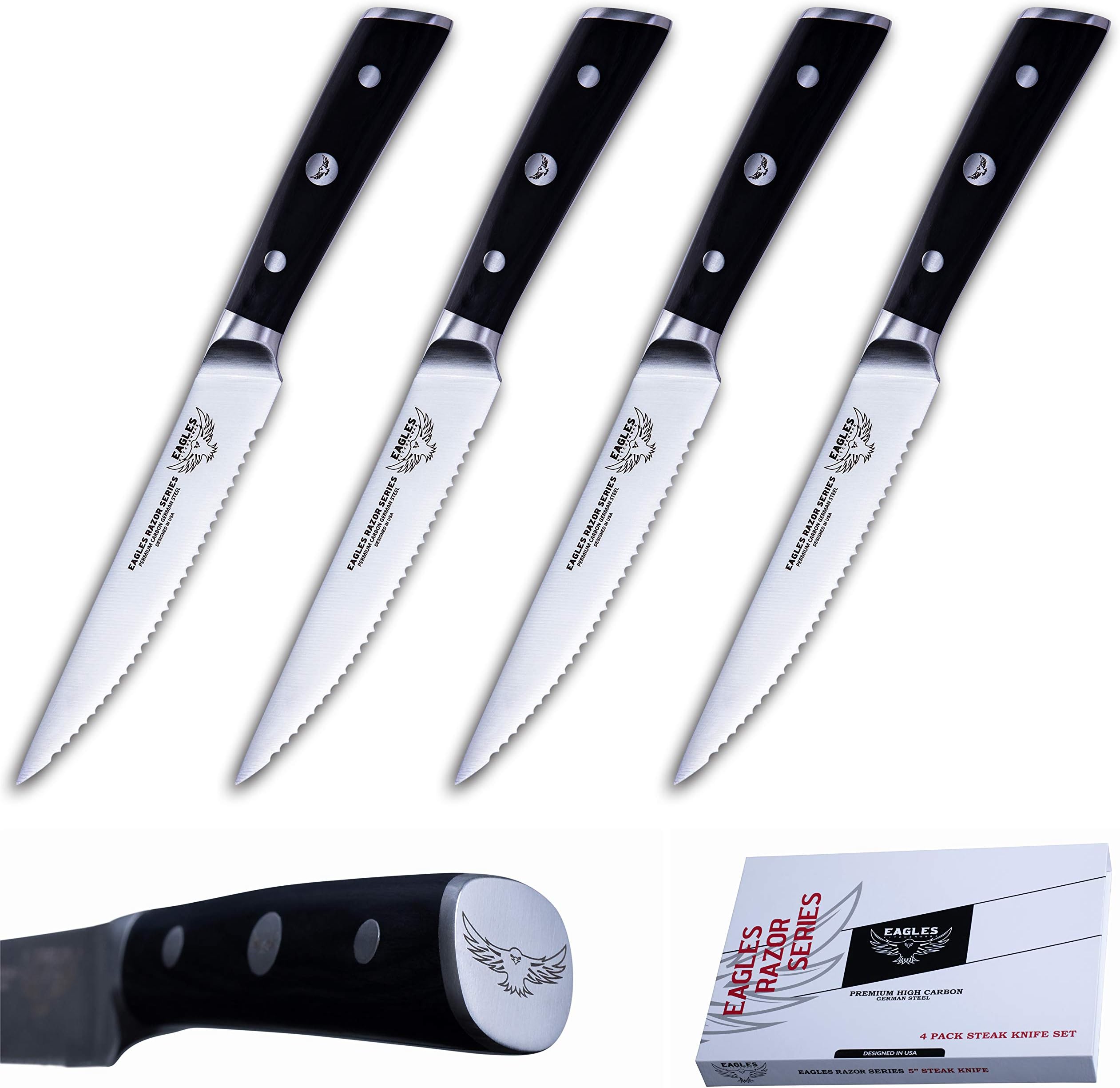 EAGLES KITCHENWARE Steak Knives Set, 5 inch – Eagles Razor Series – Premium High Carbon German Steel– Gift Box