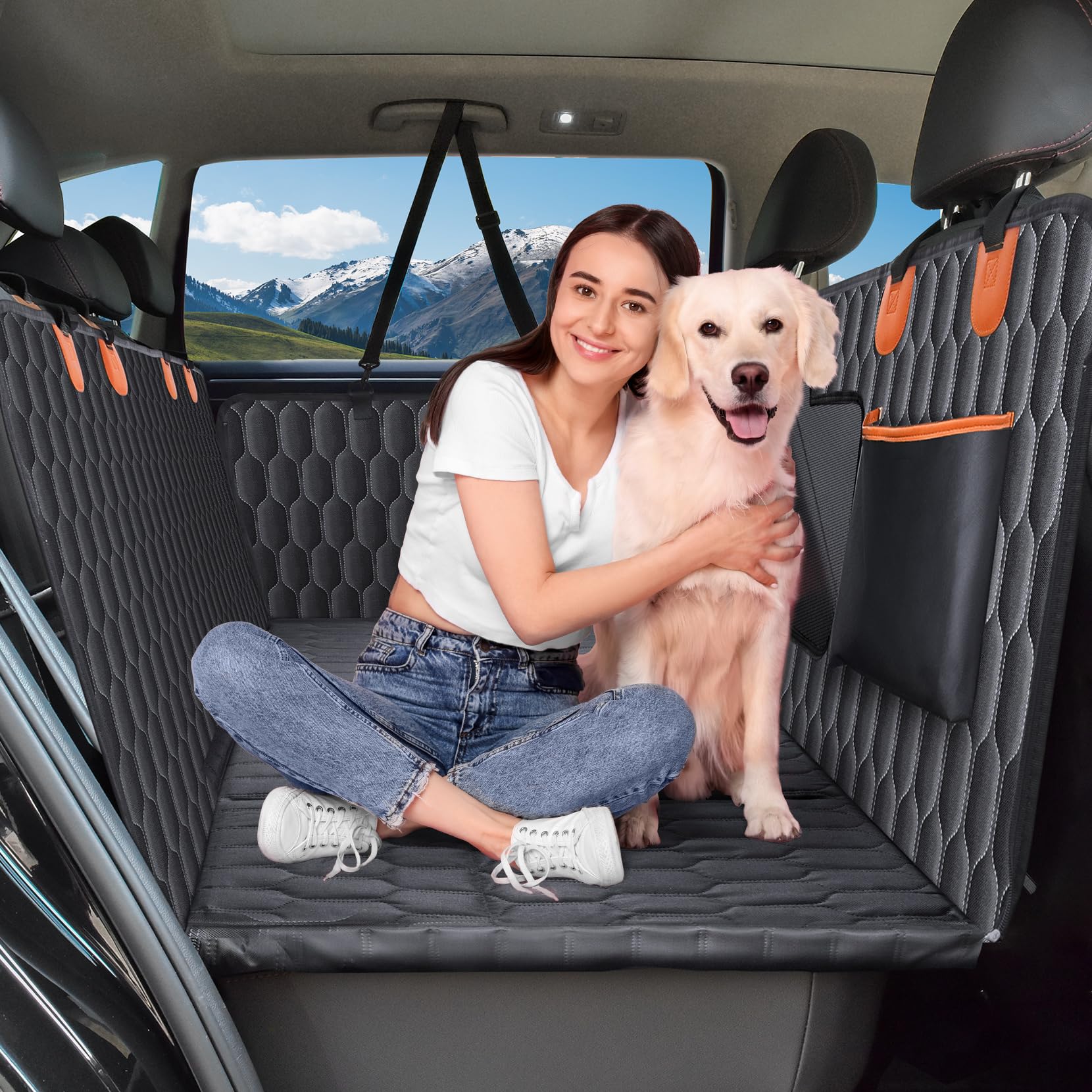 Chumajor Back Seat Extender for Dogs-Supports 400lb,Waterproof Dog Car Seat Cover Hard Bottom-Detachable,600D Heavy Duty Scratch Proof Nonslip Soft,Dog Hammock for Car,SUVs Image
