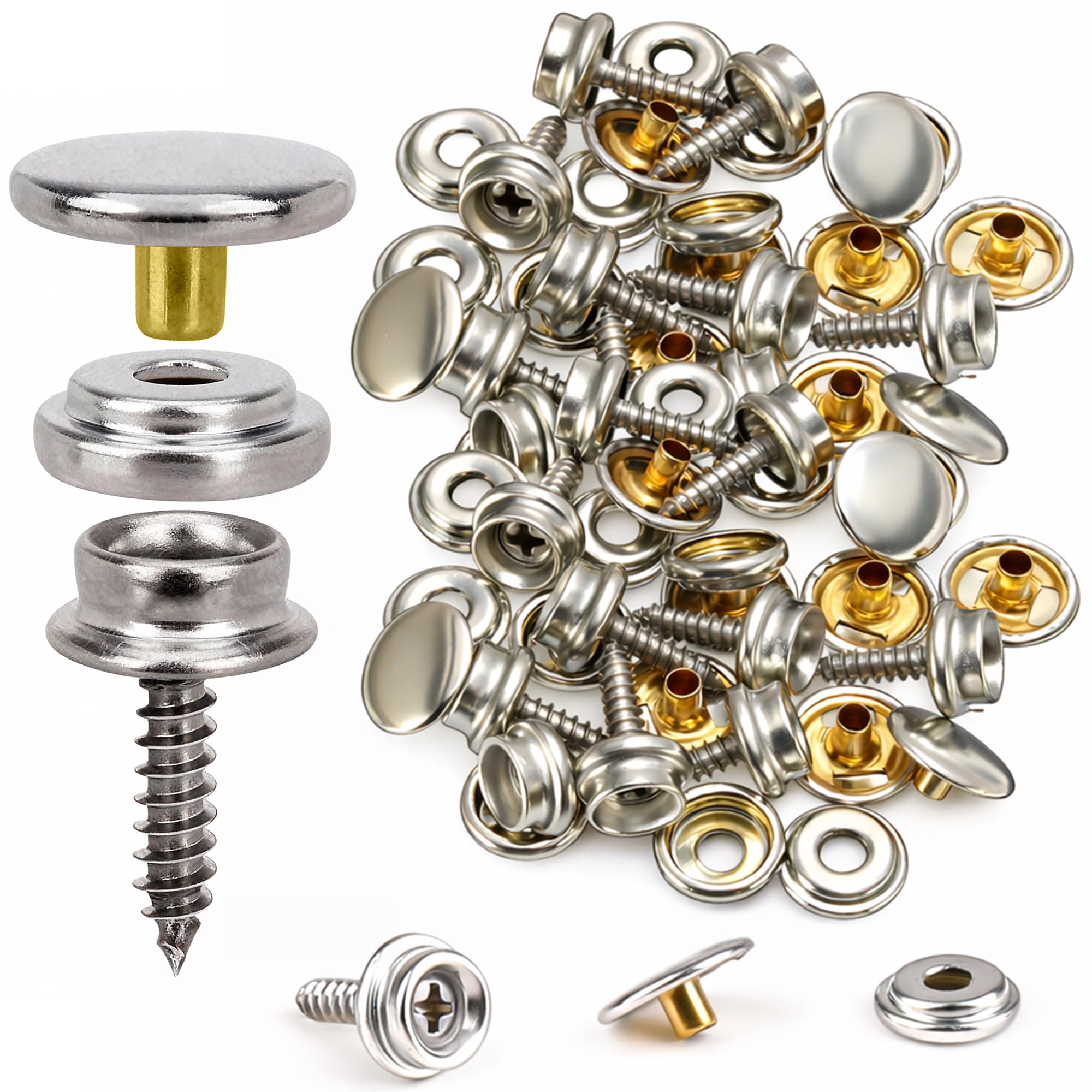 WedDecor 10 Sets Screw Snap Fastener Kit, 15mm Silver Marine Grade Metal Snap Fasteners with Fixing Hand Tool Set for DIY Projects, Snap astener Kit for Boat Cover, Leathercrafts, DIY Project, Wood