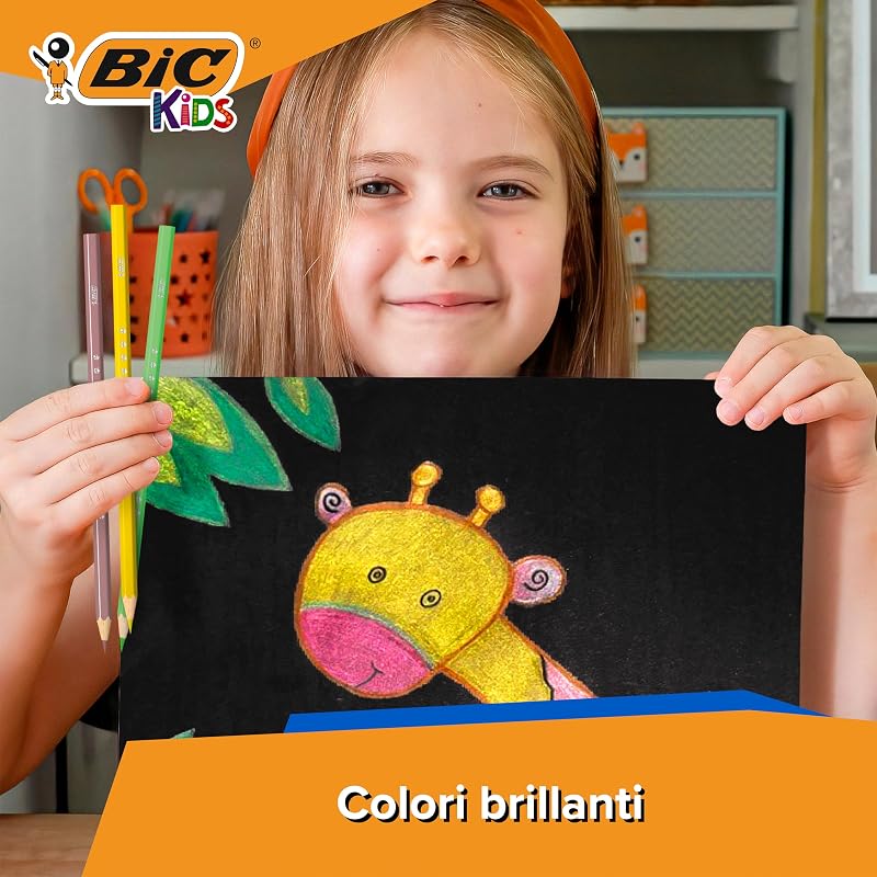 Matite per colorare BIC Kids Smooth realizzate al 100% con legno proveniente da fonti responsabili - Colori standard, metallizzati, pastello e fluo assortiti, Confezione da 54