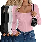 Velvelhall 4 Pack Women's Ribbed Thermal Long Sleeve Shirts, Cotton Scoop Neck Slim Fit Base Layer Undershirts Basic Tops