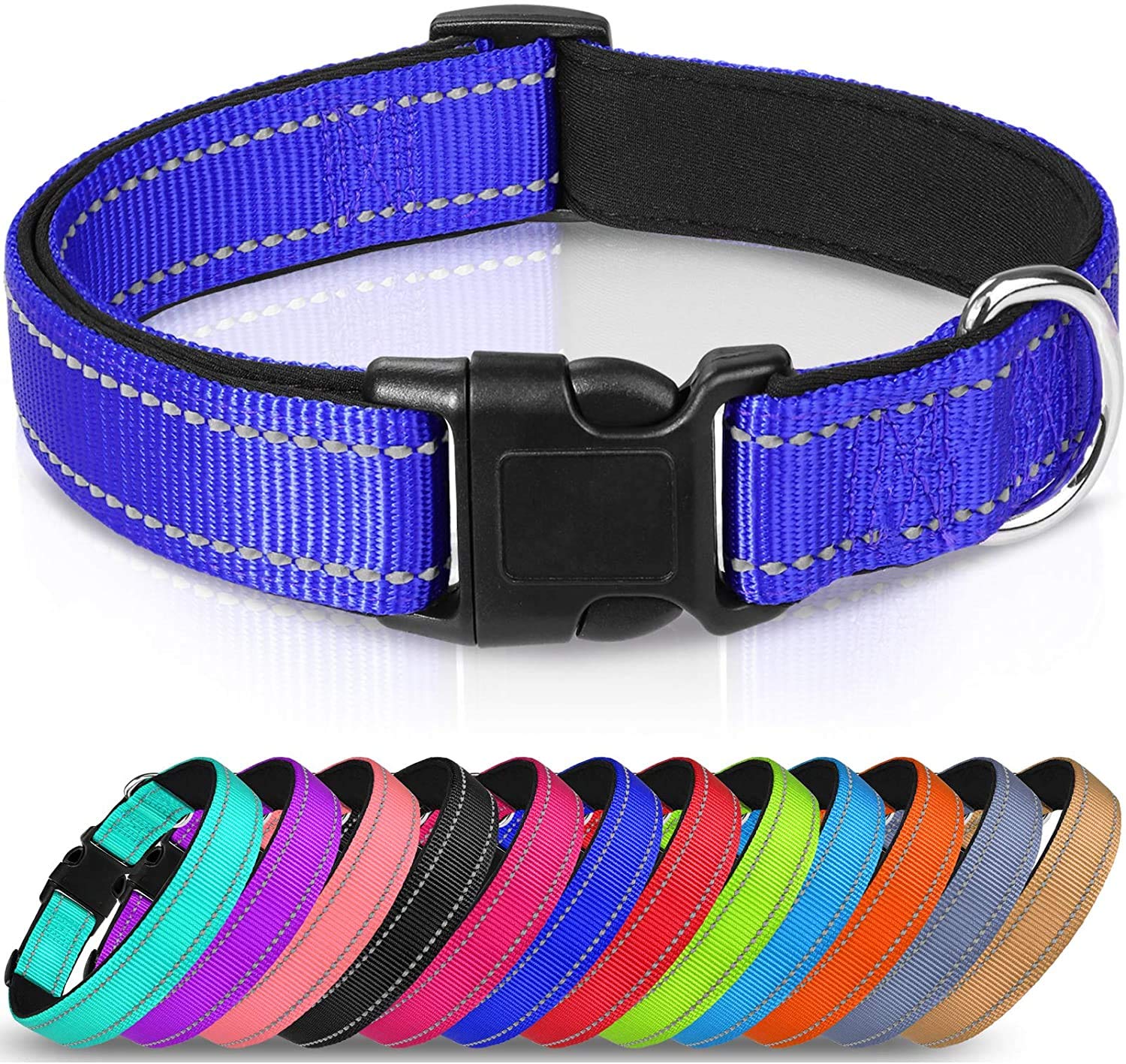 Strong Bright Reflective Dog Puppy Collar, Soft Padded Lightweight, Fully Adjustable. Small Medium Large Dog Breeds (Royal Blue, L (Pack of 1))
