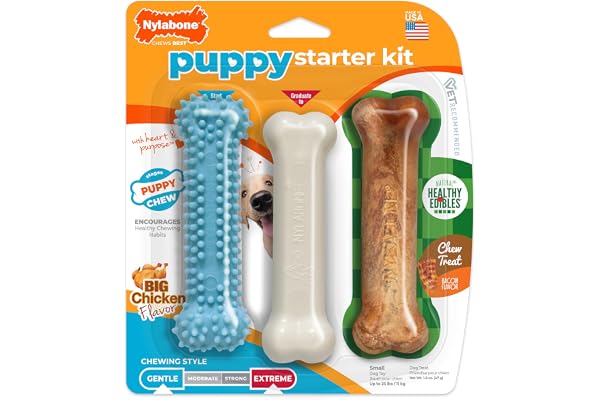 Nylabone Puppy Chew Toy & Treat Puppy Starter Set, Blue Puppy Chew Toys for Boys